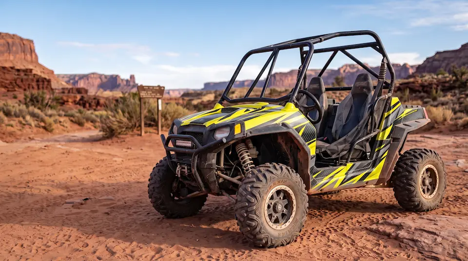 After: the same side-by-side with a bold yellow, black and gray graphic kit, looking new at the desert trailhead